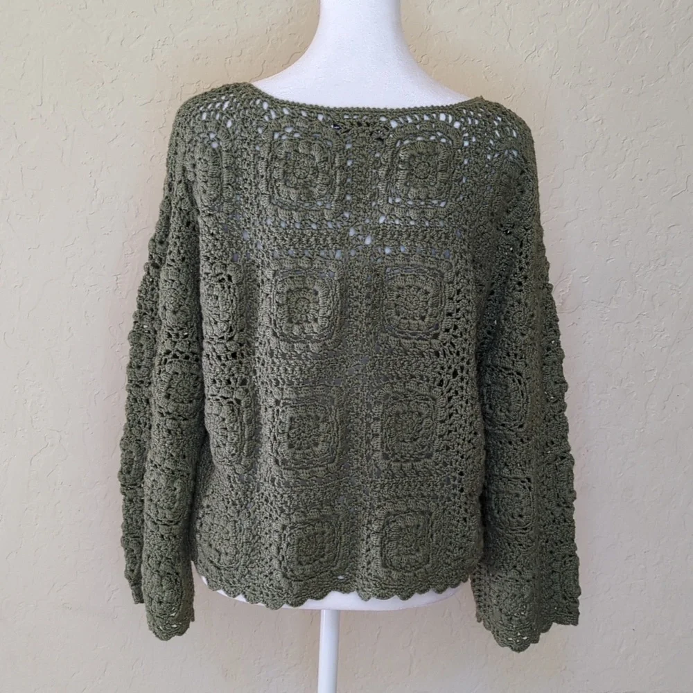 Zara Moss Green Limited Edition Crocheted Scoop Neck Sweater Size Small